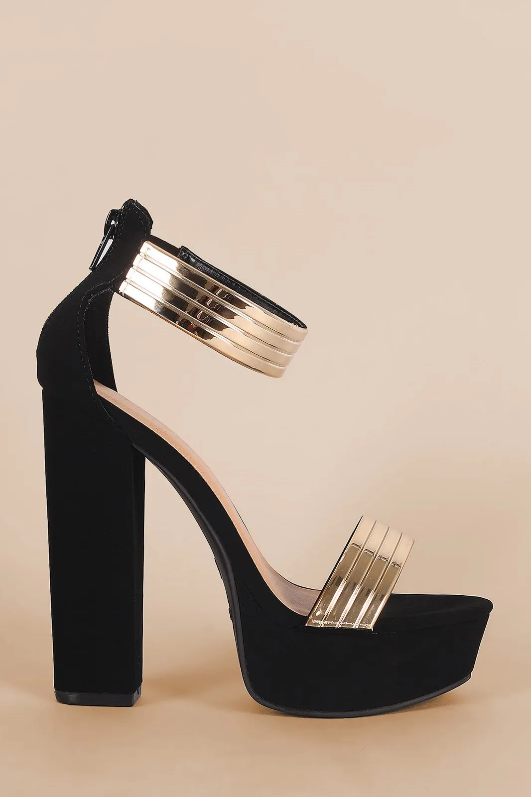 Bamboo Nubuck Metallic Accent Ankle Strap Chunky Platform Heel