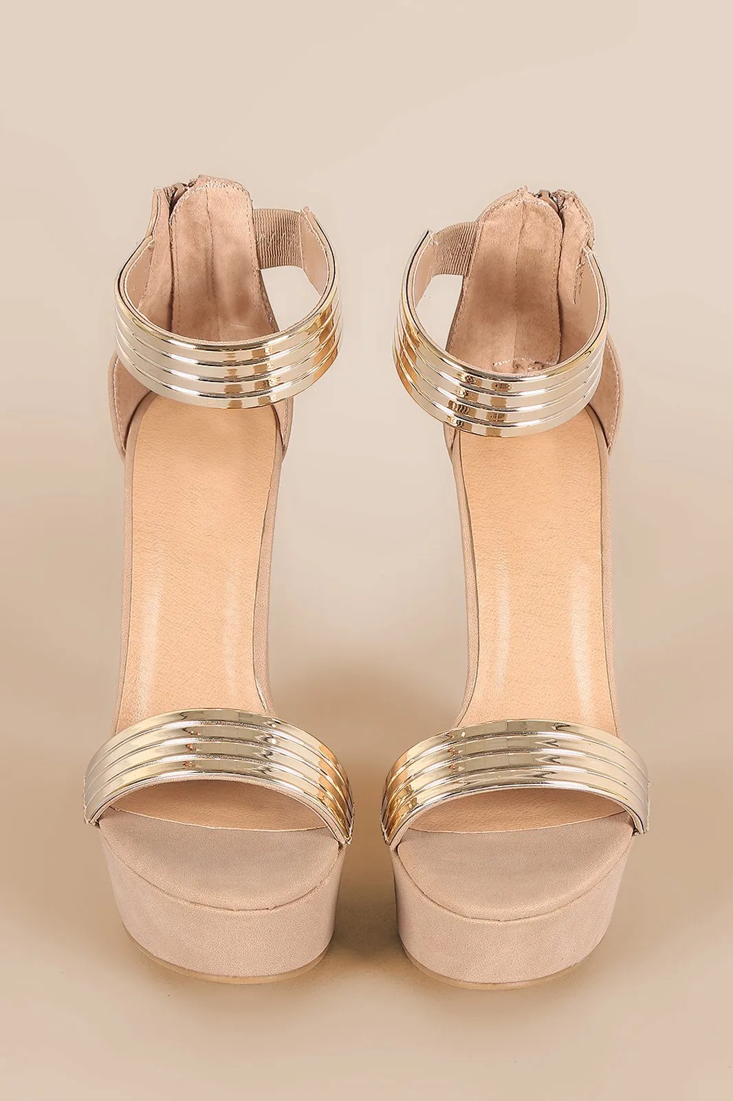 Bamboo Nubuck Metallic Accent Ankle Strap Chunky Platform Heel