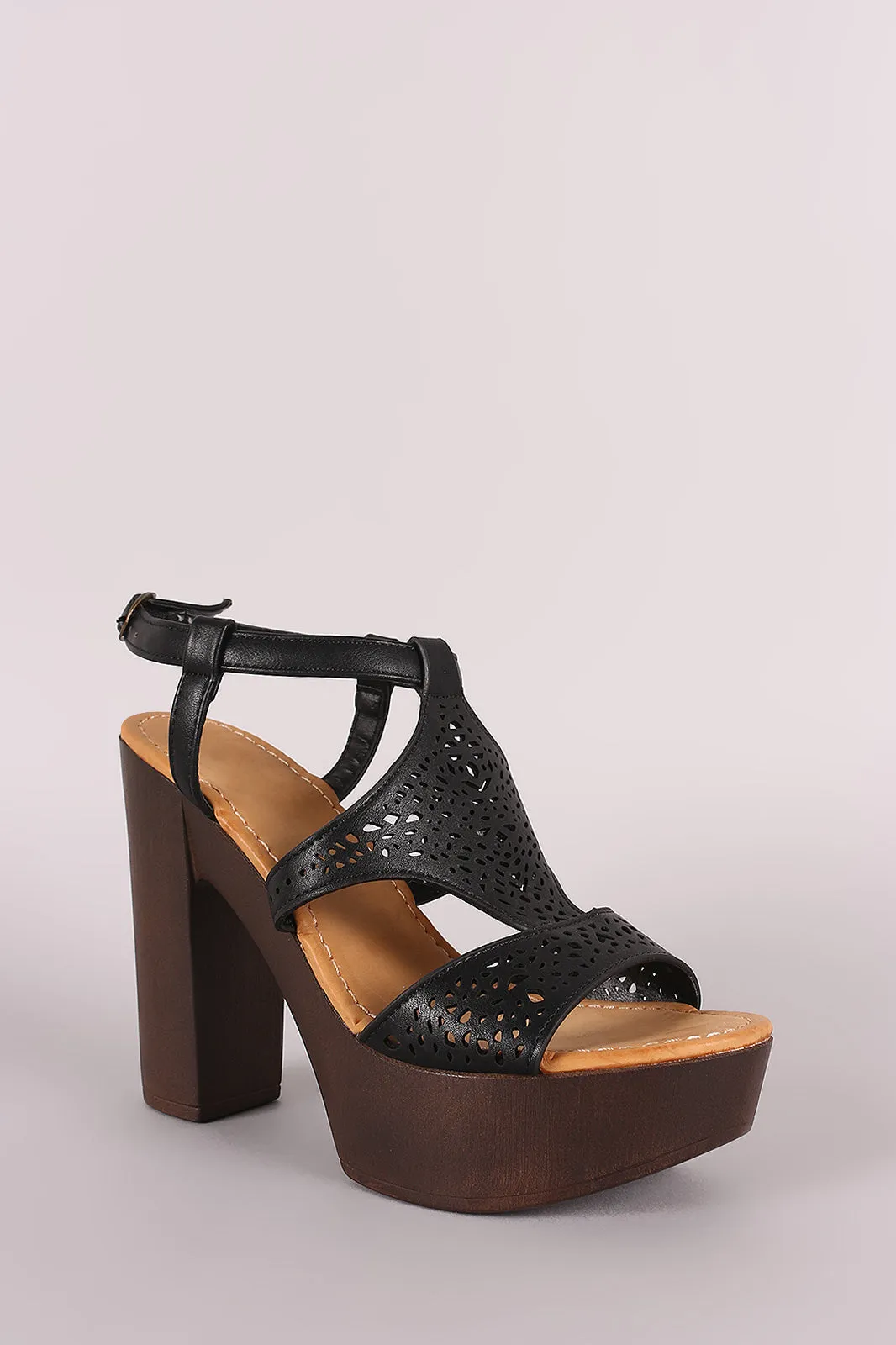 Bamboo Perforated Wooden Chunky Heel