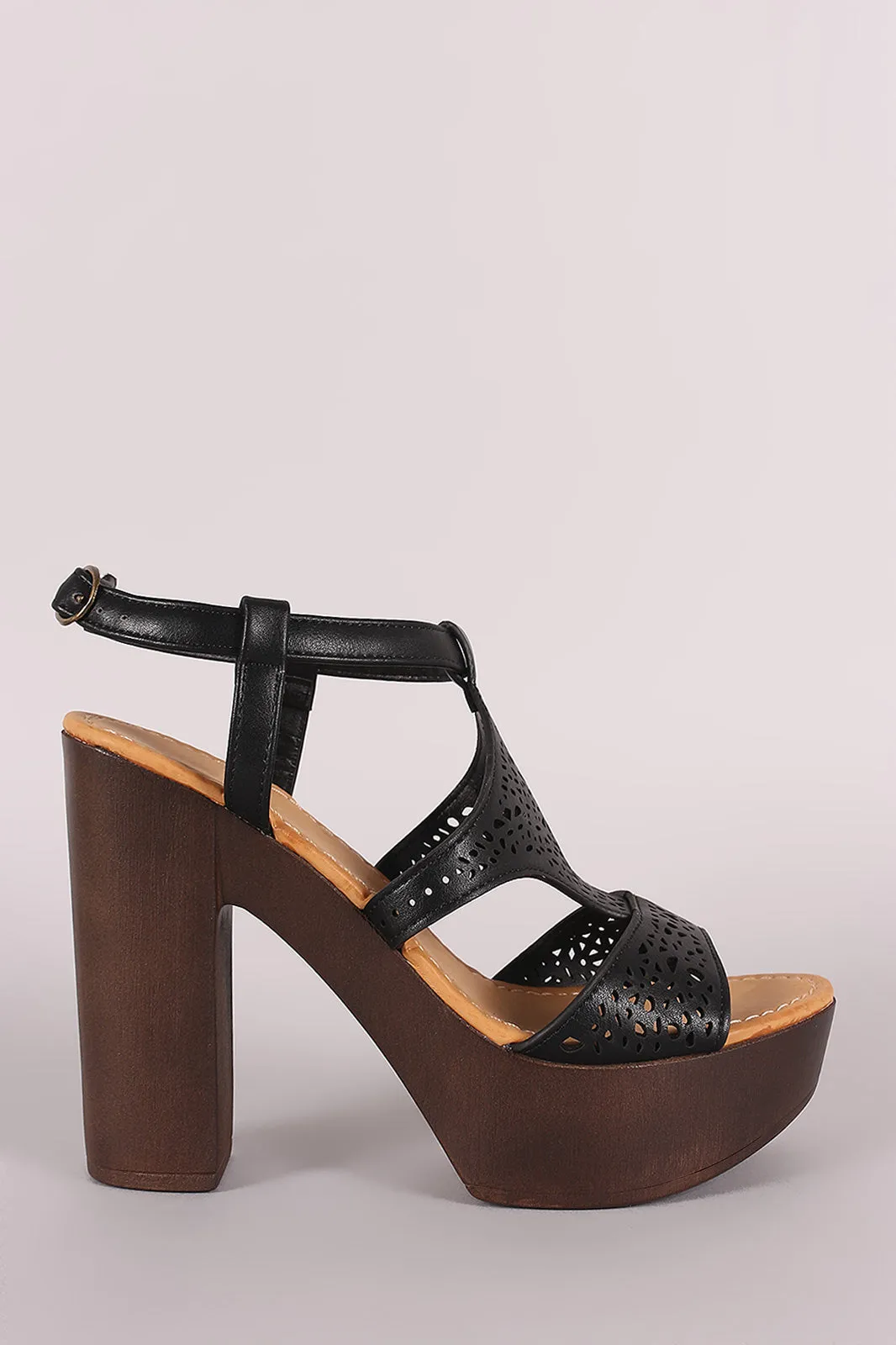 Bamboo Perforated Wooden Chunky Heel