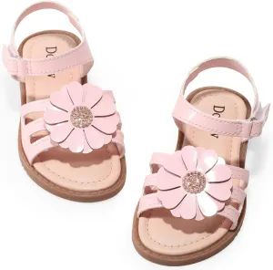 Dodow Girls Sandals Open Toe Hook and Loop Flat Dress Sandals Summer Shoes for Toddler Little Kid