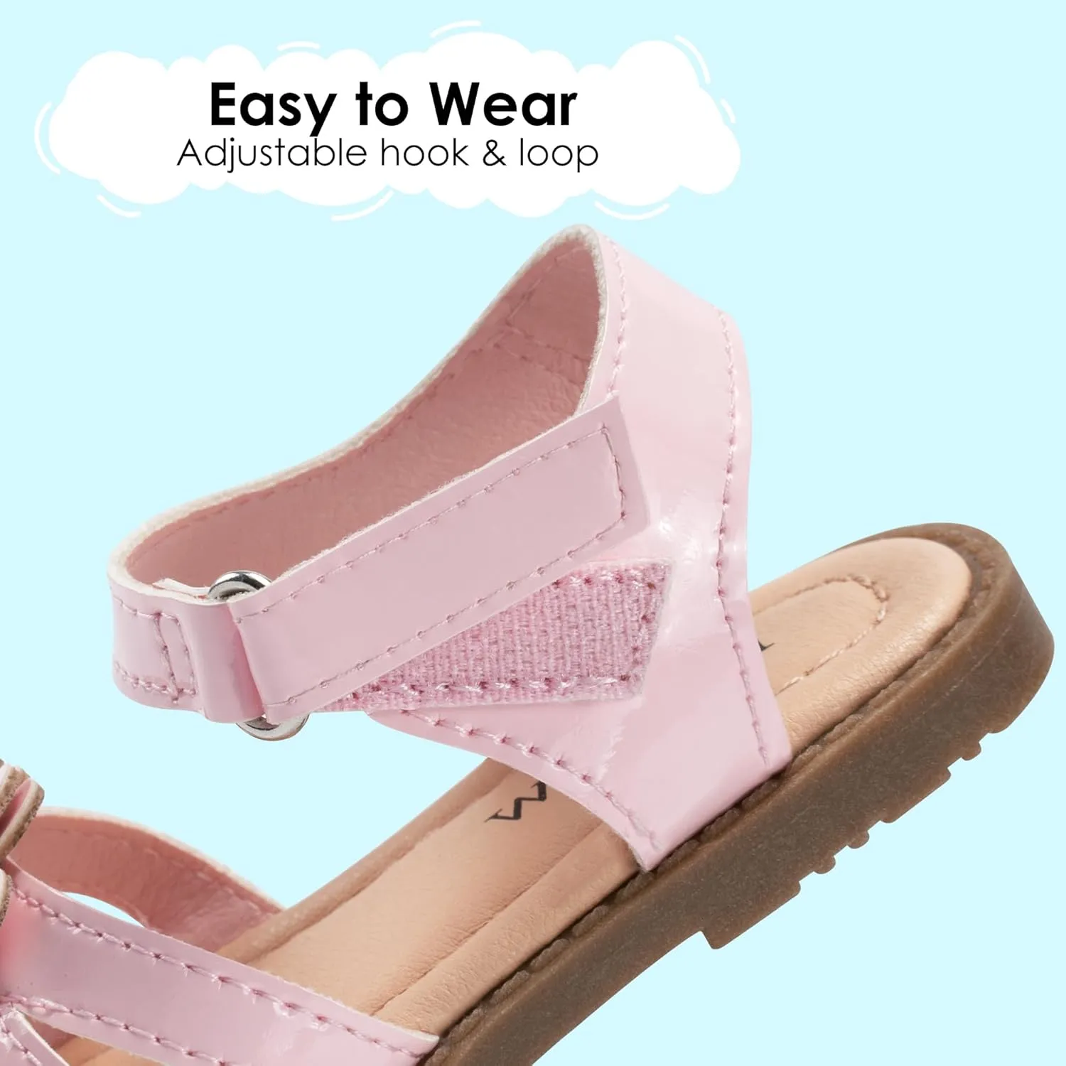 Dodow Girls Sandals Open Toe Hook and Loop Flat Dress Sandals Summer Shoes for Toddler Little Kid