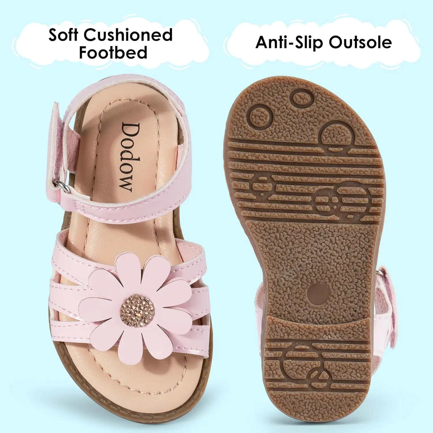 Dodow Girls Sandals Open Toe Hook and Loop Flat Dress Sandals Summer Shoes for Toddler Little Kid
