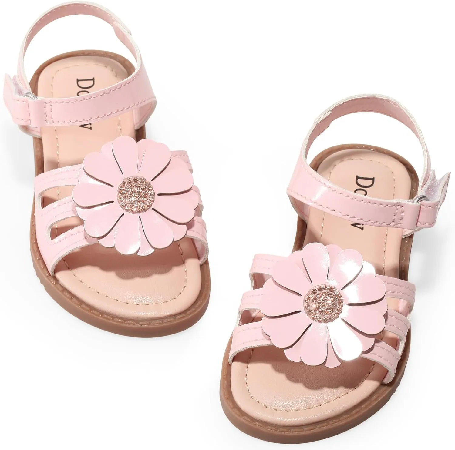 Dodow Girls Sandals Open Toe Hook and Loop Flat Dress Sandals Summer Shoes for Toddler Little Kid