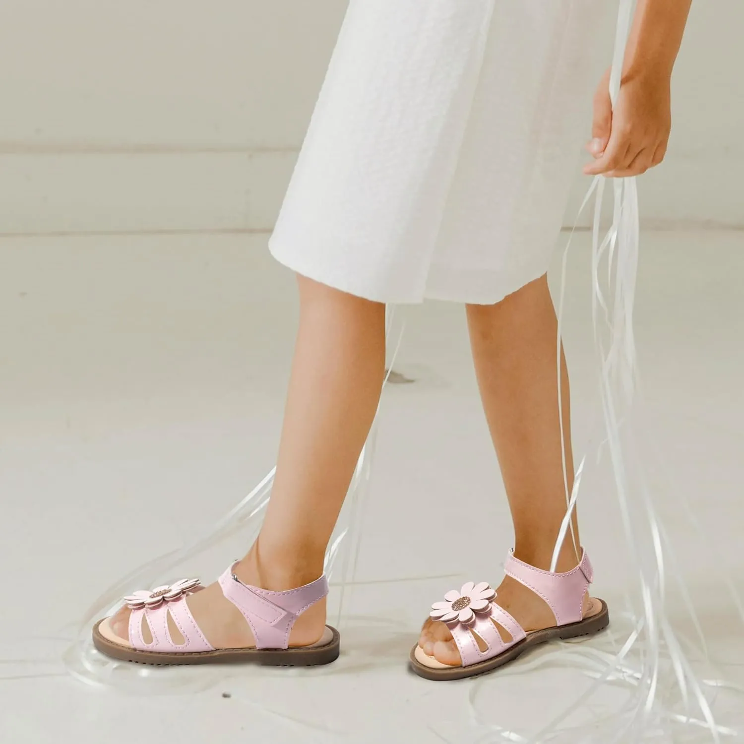 Dodow Girls Sandals Open Toe Hook and Loop Flat Dress Sandals Summer Shoes for Toddler Little Kid