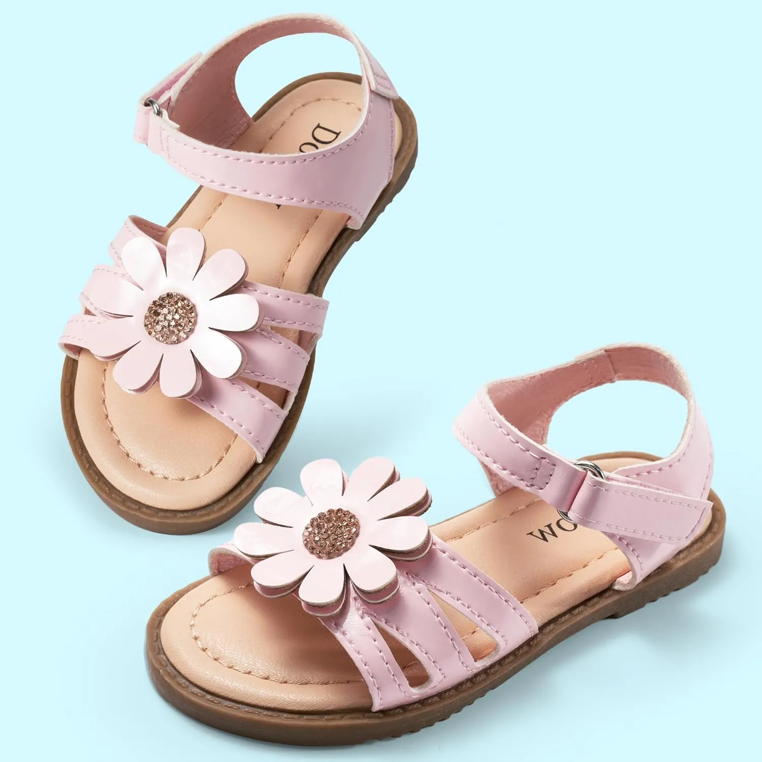 Dodow Girls Sandals Open Toe Hook and Loop Flat Dress Sandals Summer Shoes for Toddler Little Kid