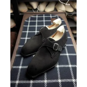 Handmade Men Square Toe Dress Shoes, Black Suede Buckle Business Shoes