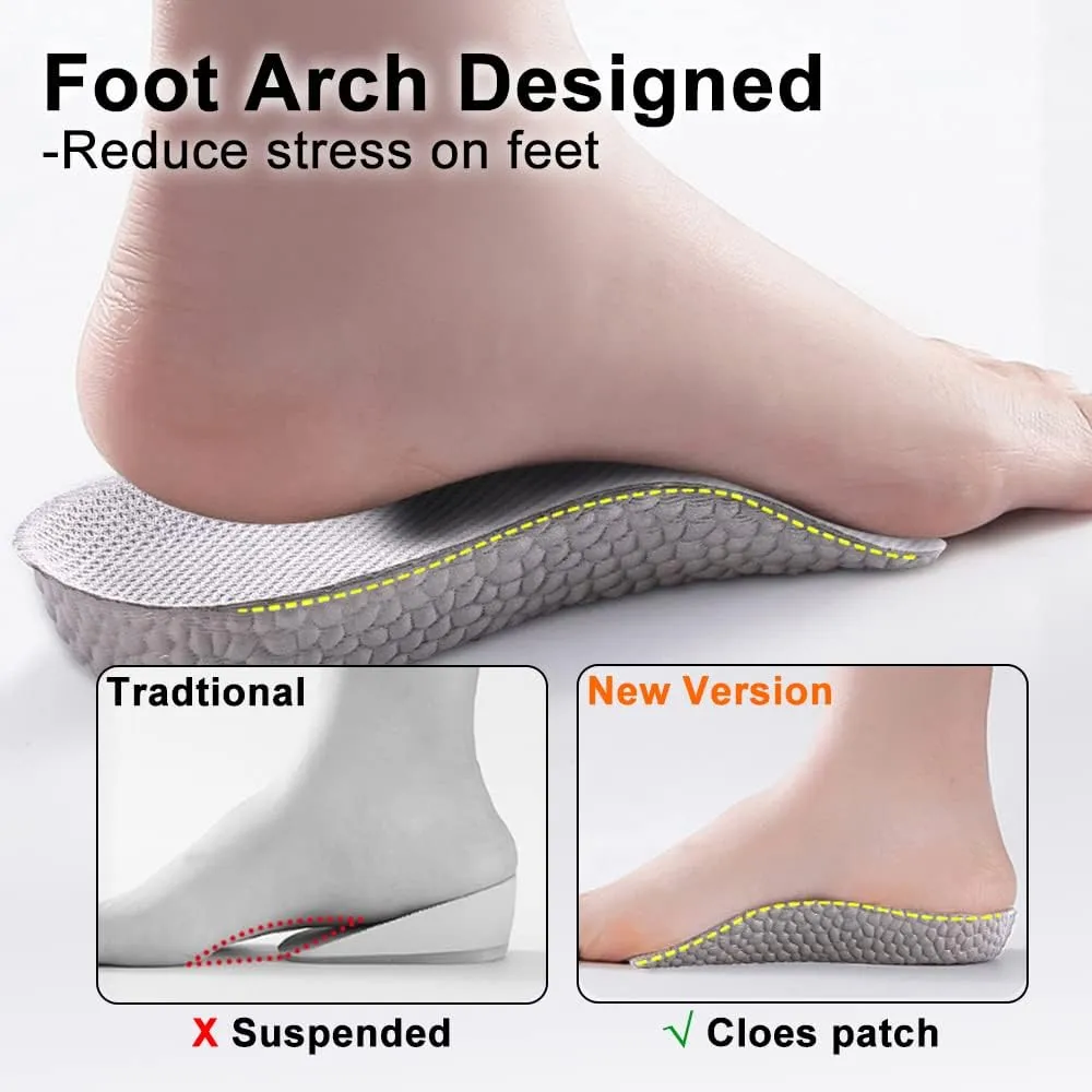 Height Increase Insoles - 1.5 Inch - Foot Arch Contour Shoes Lifts for Men Orthopedic Heel Lift Cushion Gel Leg Discrepancy Balancer, Men's Size 10-12, Grey (2 Pcs) (1.5 Inch)