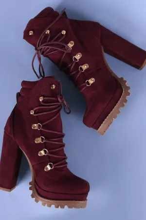 Liliana Suede D-Ring Lace Up Chunky Platform Lug Sole Ankle Boots