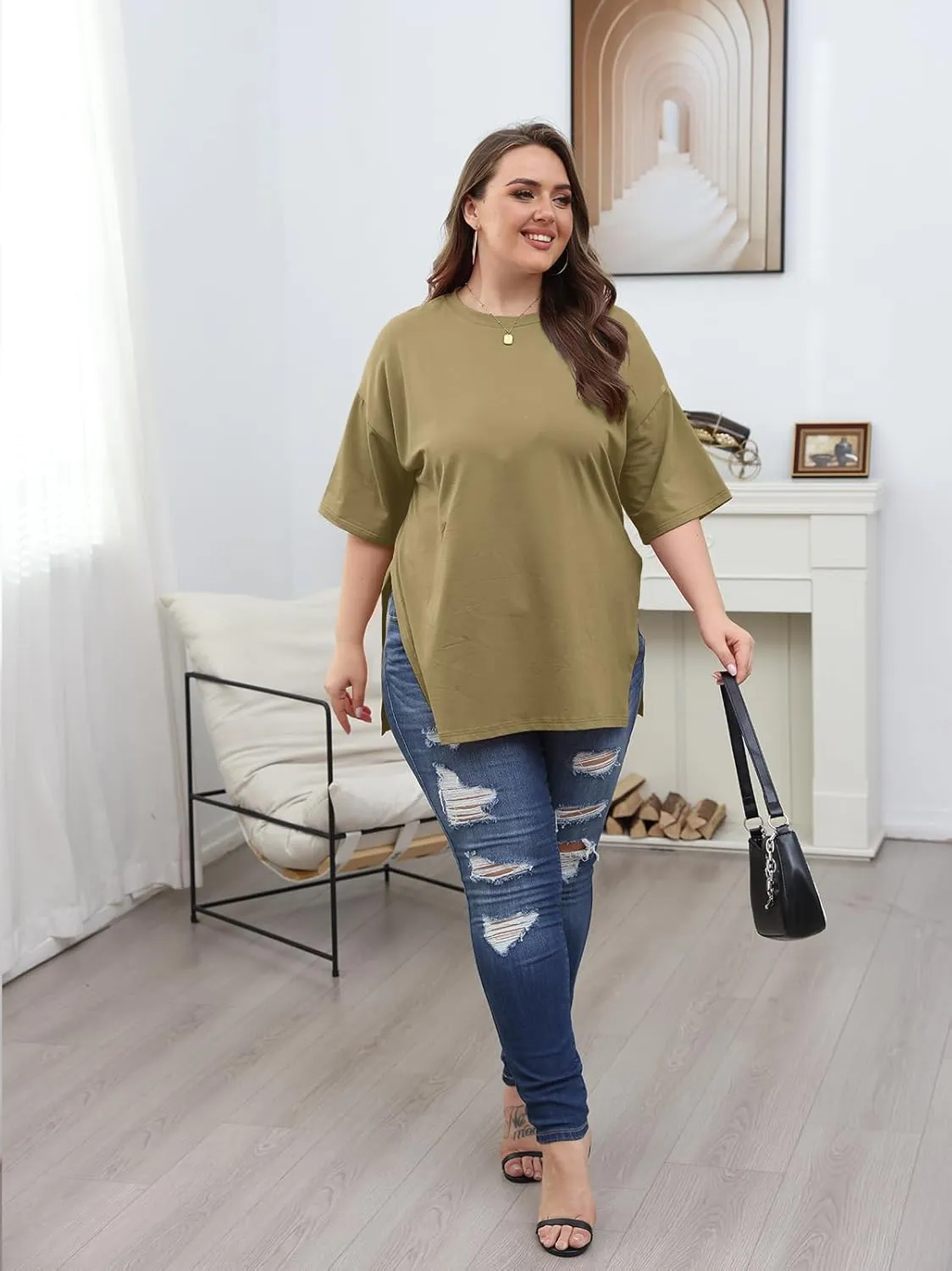 VNIRA Plus Size T Shirt for Women Oversized Cotton Short Sleeve Workout Top Loose Fit Side Split Casual Basic Tunic Top