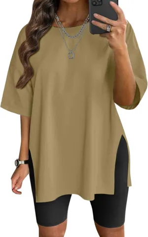 VNIRA Plus Size T Shirt for Women Oversized Cotton Short Sleeve Workout Top Loose Fit Side Split Casual Basic Tunic Top