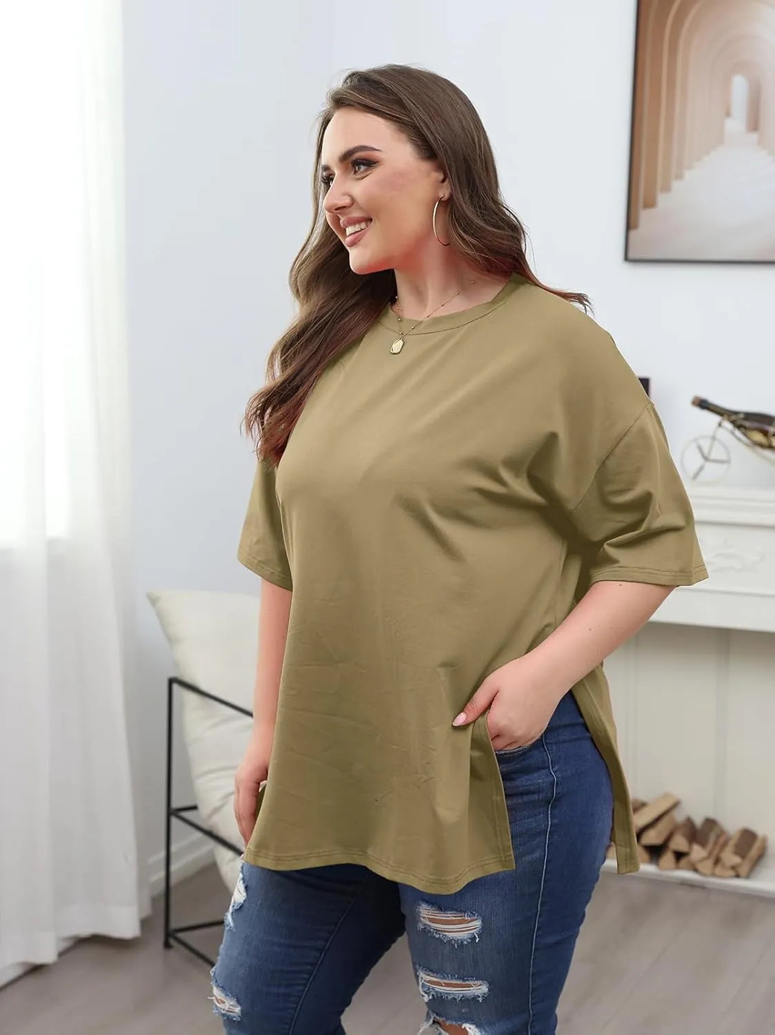 VNIRA Plus Size T Shirt for Women Oversized Cotton Short Sleeve Workout Top Loose Fit Side Split Casual Basic Tunic Top