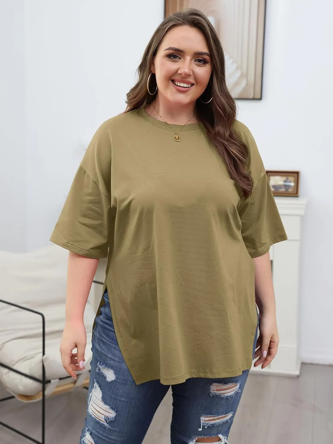 VNIRA Plus Size T Shirt for Women Oversized Cotton Short Sleeve Workout Top Loose Fit Side Split Casual Basic Tunic Top