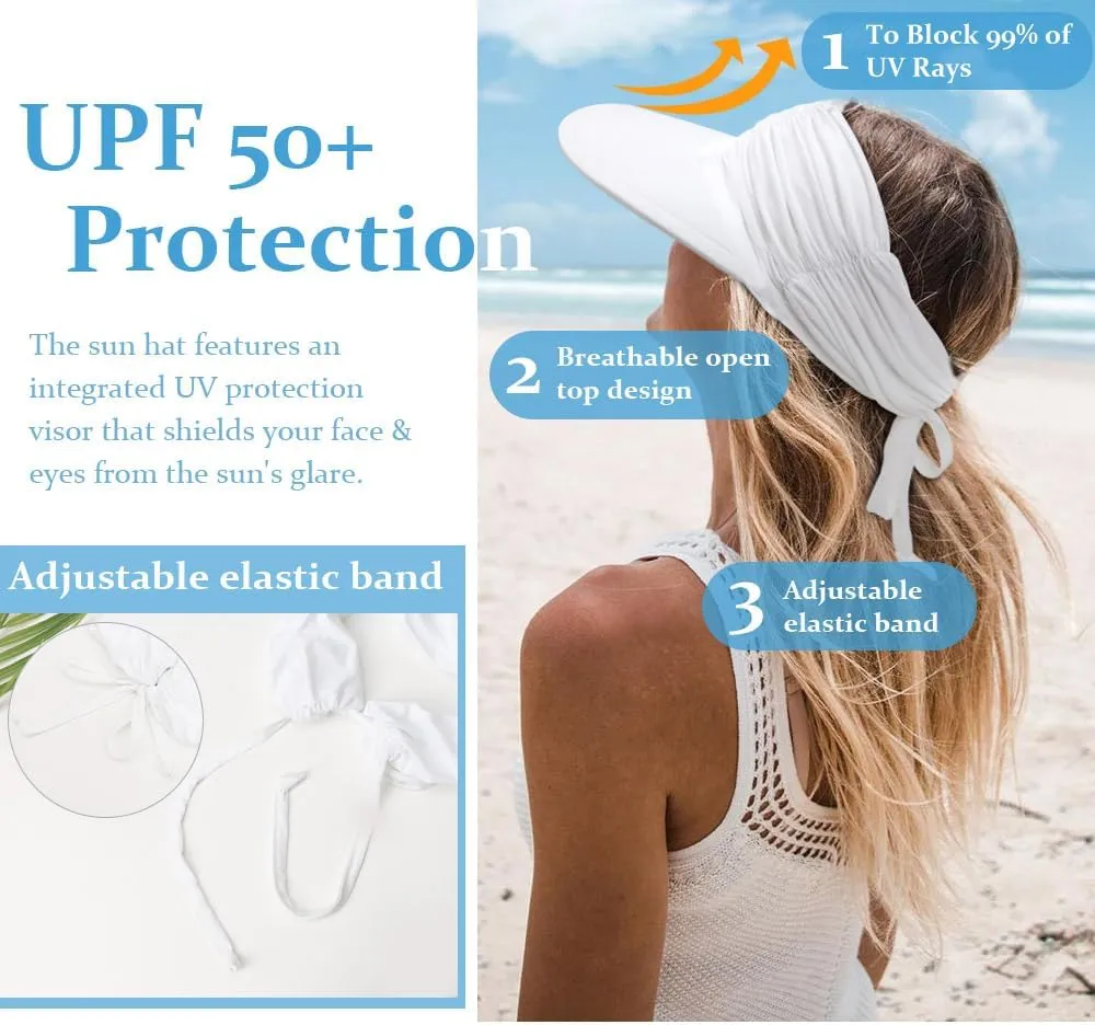 Women Visor Sun Hat Adjustable Foldable Wide Brim Sun Hats Summer UPF 50  UV Protection Visor Cap for Outdoor Beach